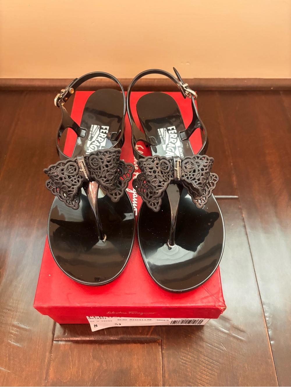 Salvatore Ferragamo Black Patent Thong Sandals with Lace Bow